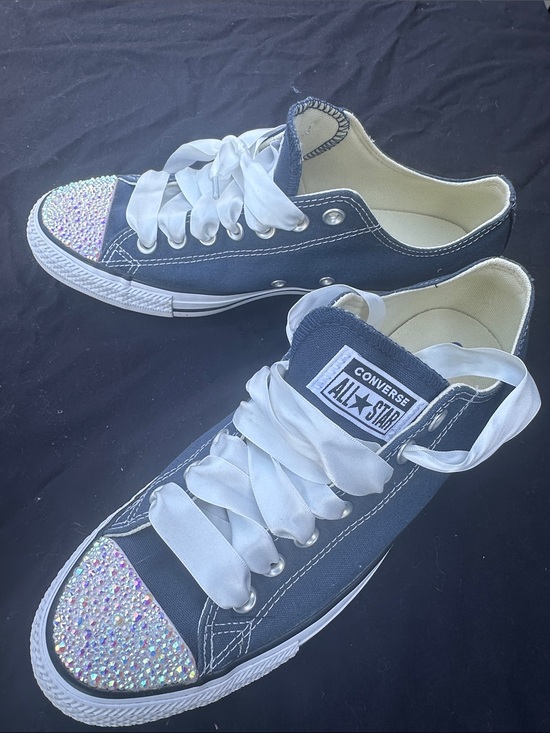 Converse Shoes - Converse Navy Low Top Sneakers with White Ribbon Laces and Crystal Toes